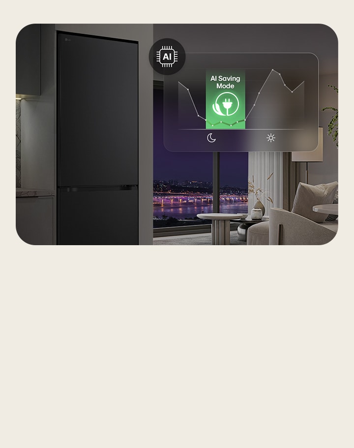 An LG refrigerator with an AI Saving graphic showing energy adjustments based on usage patterns.