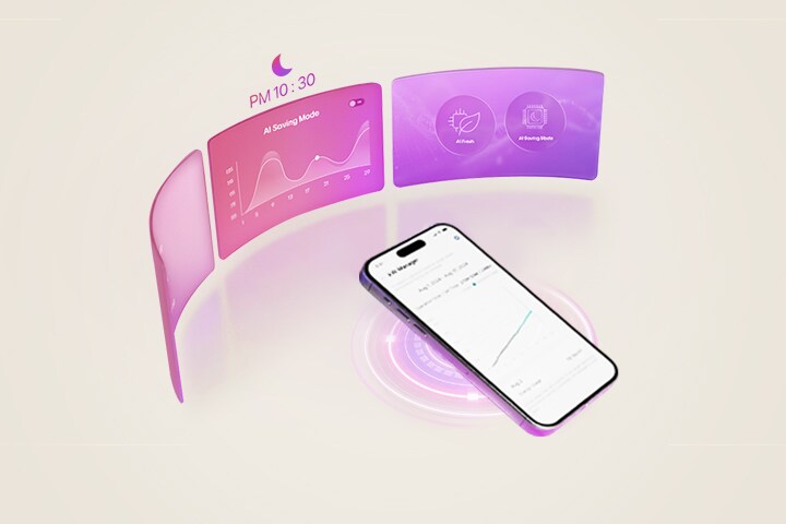 A smartphone displaying usage data with purple-toned AI feature graphics in the background.