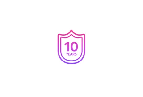 A shield icon with “10 Years” in purple tones, representing durability.