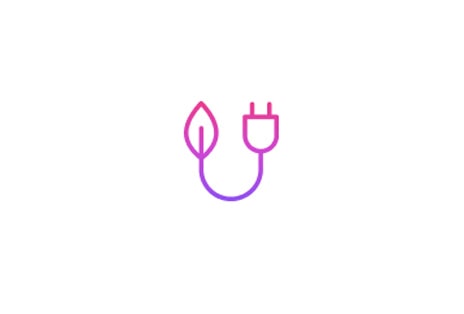 An icon of a leaf connected to a power plug in purple tones, representing energy efficiency.
