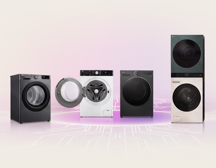 LG laundry appliances displayed on a glowing circuit-pattern background.