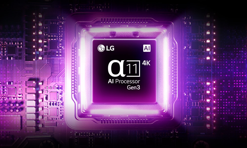 LG AI TV features alpha 11 AI Processor 4K Gen3 with Dual AI Engine, a processor chip glowing in purple light on a dark circuit board, highlighting its advanced AI performance and intelligent picture processing.