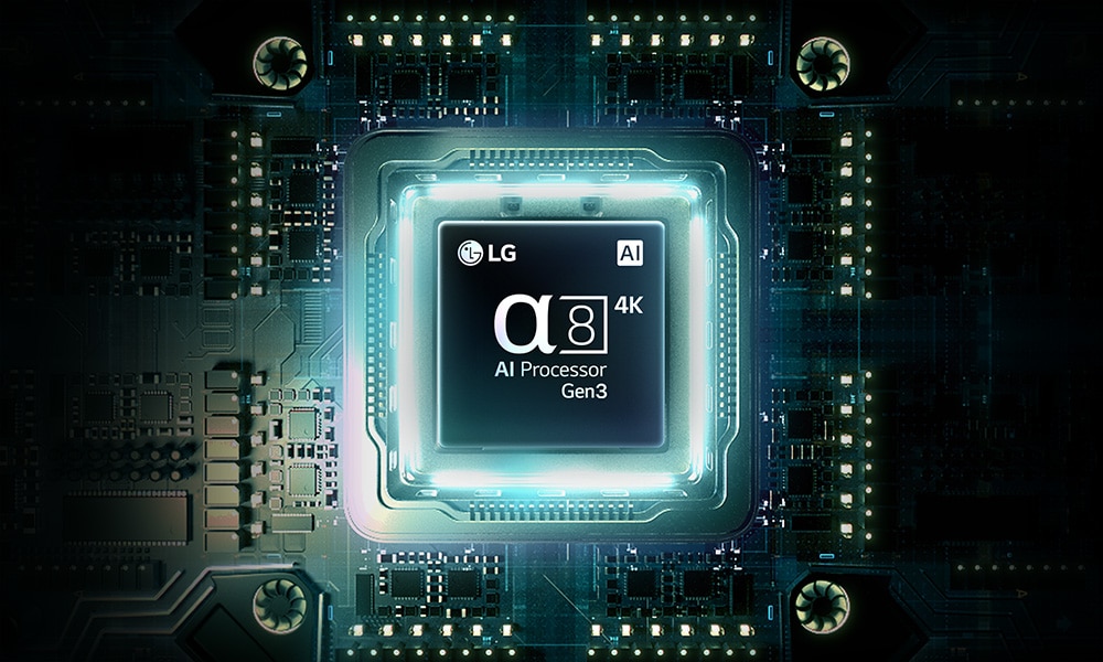 LG AI TV features alpha 8 AI Processor 4K Gen3, a processor chip glowing in blue light on a circuit board, highlighting its advanced AI performance and intelligent picture processing.