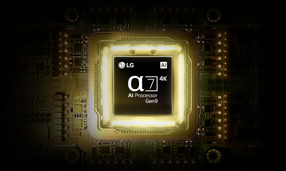 LG AI TV features alpha 7 AI Processor 4K Gen9, a processor chip glowing in yellow light on a circuit board, highlighting its advanced AI performance and intelligent picture processing.