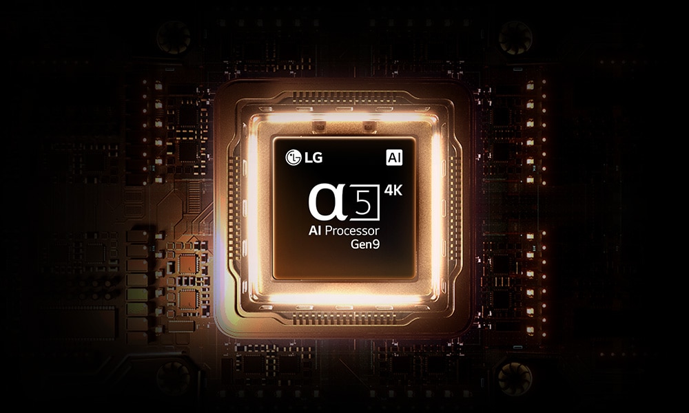 LG AI TV features alpha 5 AI Processor 4K Gen9, a processor chip glowing in orange light on a circuit board, highlighting its advanced AI performance and intelligent picture processing.