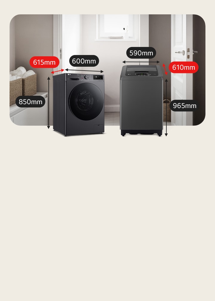 610 毫米深的黑色 LG 頂揭式洗衣機,適合家庭洗衣房和 615 毫米深的前置式洗衣機