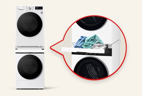 左邊顯示白色 LG 洗衣乾衣機堆疊安裝,中間以紅色圓圈標示抽屜套件位置;右邊則為該套件的橫切面特寫。右邊特寫顯示衣物放置於抽屜套件上。