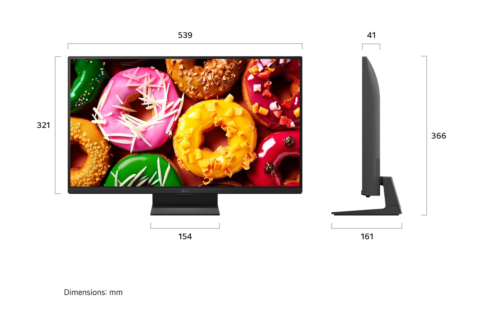 LG SMART TV AI LB70 全高清電視的正面和側面視圖，突出顯示 24 吋畫面配搭 539mm 寬螢幕，321mm 螢幕高度、366mm 連座檯架高度以及 41mm 厚度，座檯架尺寸為 154 x 161mm。