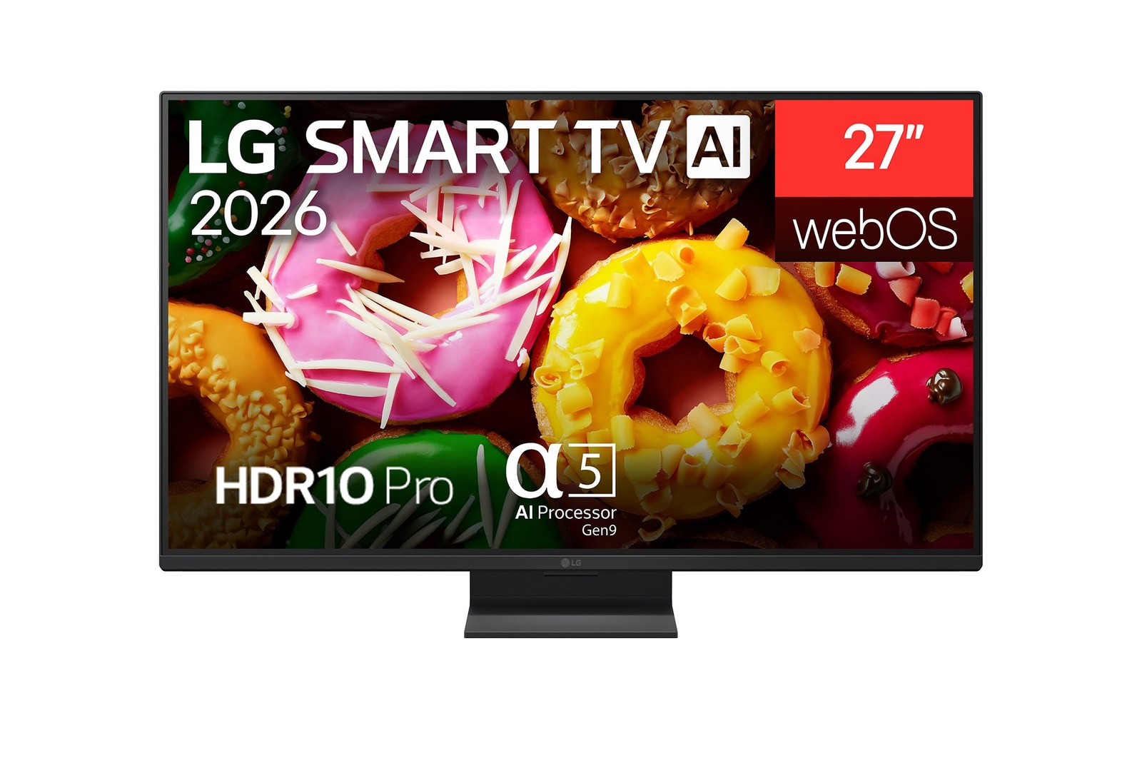2026 年推出的 LG SMART TV AI LB70 全高清電視的正面視圖，畫面顯示顯示生動、色彩繽紛的冬甩，配備 alpha 5 Gen9 AI 處理器、HDR10 Pro、webOS 和 27 吋螢幕。