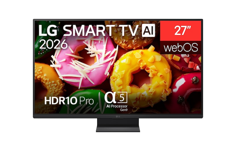 2026 年推出的 LG SMART TV AI LB70 全高清電視的正面視圖，畫面顯示顯示生動、色彩繽紛的冬甩，配備 alpha 5 Gen9 AI 處理器、HDR10 Pro、webOS 和 27 吋螢幕。