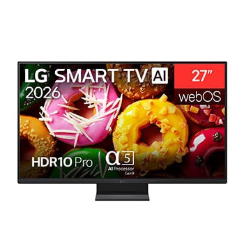 2026 年推出的 LG SMART TV AI LB70 全高清電視的正面視圖，畫面顯示顯示生動、色彩繽紛的冬甩，配備 alpha 5 Gen9 AI 處理器、HDR10 Pro、webOS 和 27 吋螢幕。