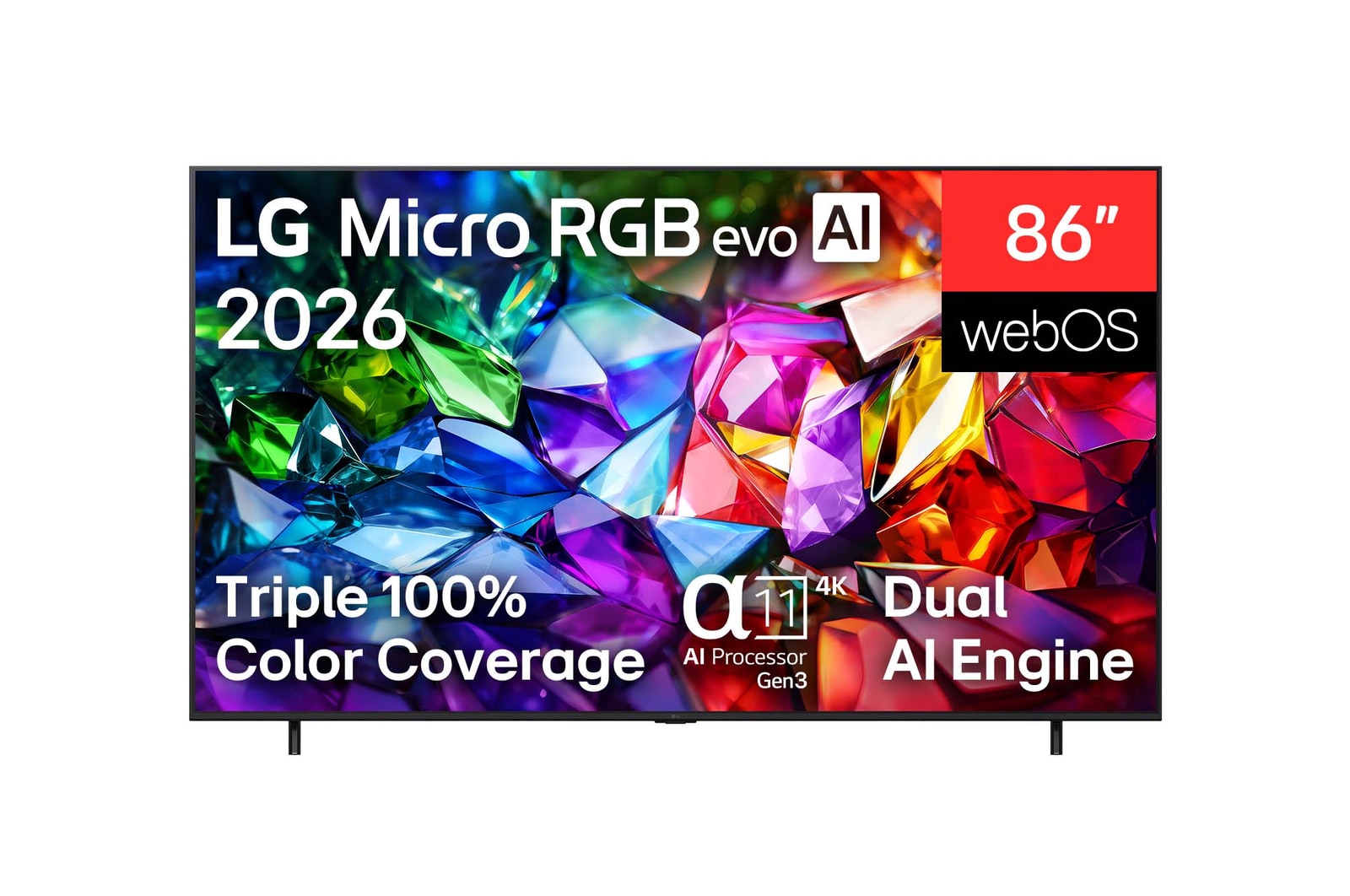 2026 年面世的 LG Micro RGB evo AI MRGB95 正面視圖，展示呈現紅、綠、藍晶體構成的鮮明水晶圖像，配備 100 吋顯示屏、webOS、RGB Primary Color Ultra 技術和 alpha 11 4K Gen3 AI 處理器。