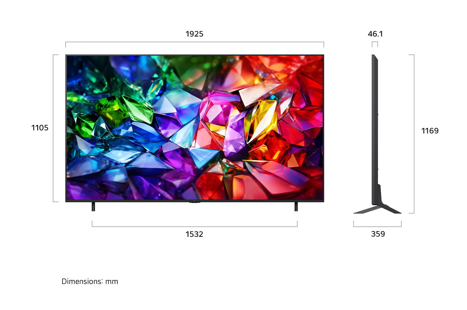 LG Micro RGB evo AI MRGB95 正面和側面視圖，突出顯示 100 吋畫面配搭 2230mm 寬螢幕，1277mm 螢幕高度、1374mm 連座檯架高度以及 49.9mm 厚度，座檯架尺寸為 1725 x 415mm。
