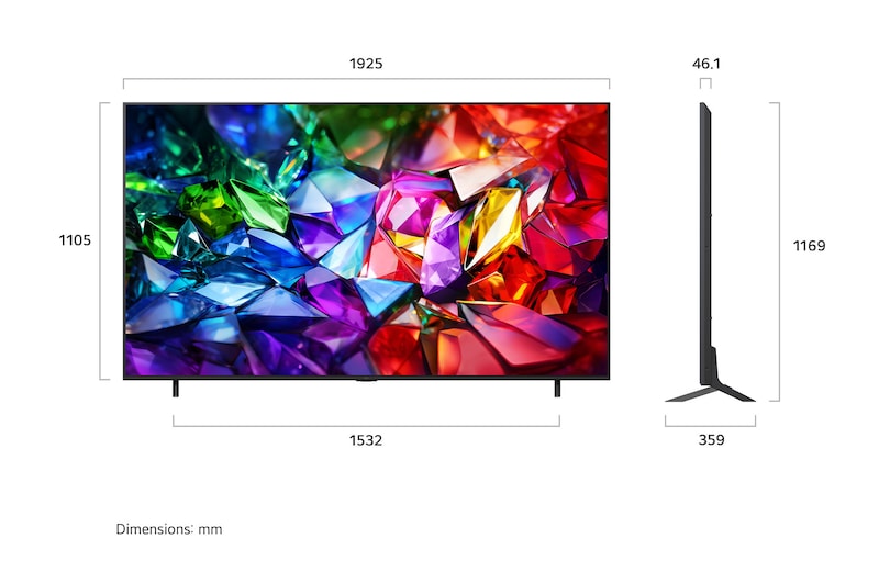 LG Micro RGB evo AI MRGB95 正面和側面視圖，突出顯示 100 吋畫面配搭 2230mm 寬螢幕，1277mm 螢幕高度、1374mm 連座檯架高度以及 49.9mm 厚度，座檯架尺寸為 1725 x 415mm。