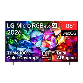 2026 年面世的 LG Micro RGB evo AI MRGB95 正面視圖，展示呈現紅、綠、藍晶體構成的鮮明水晶圖像，配備 100 吋顯示屏、webOS、RGB Primary Color Ultra 技術和 alpha 11 4K Gen3 AI 處理器。