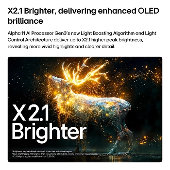 OLED48G6PCA-LG OLED evo AI G6 配備 Brightness Booster Pro 亮度提升技術，顯示在昏暗場景中一隻環繞著發光粒子的鹿輪廓，畫面亮度提升 2.1 倍，呈現更清晰的細節。