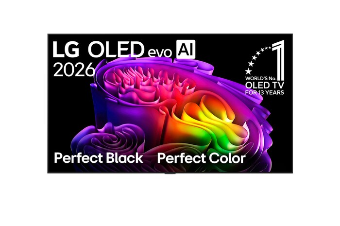 OLED97G6PCA-2026 年面世的 LG OLED evo AI G6 正面視圖，展示呈現層次豐富、色彩多變的圖像，配備 Hyper Radiant Color Tech、完美純黑和完美色彩，並顯示「World’s No.1 OLED TV for 13 Years」徽章。