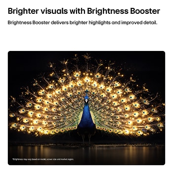 OLED97G6PCA-LG OLED evo AI G6 配備 Brightness Booster 亮度提升技術，顯示在昏暗場景中一隻明亮奪目的孔雀正綻放光芒四射的羽毛，畫面呈現更明亮的高光、更出色的細節和鮮明的對比度。