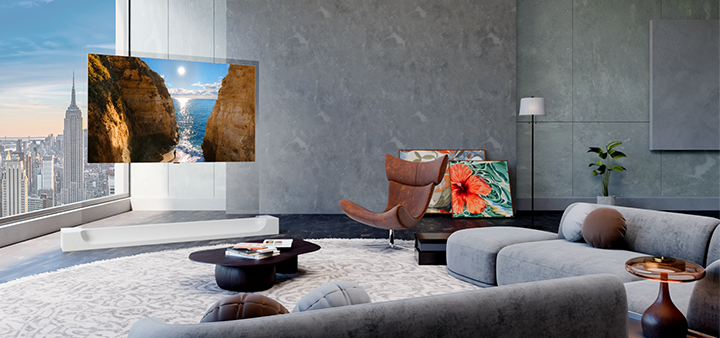 LG OLED evo AI W6 Wallpaper TV 採用真無線技術，在客廳空間中展現靈活擺放能力，可由窗邊移至後牆，甚至置於空間中央，示範如何以更自由的方式重新配置室內佈局。