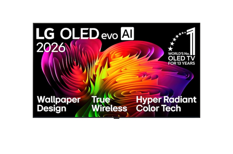2026 年面世的 LG OLED evo AI W6 Wallpaper TV 正面視圖，展示鮮艷多彩的波浪狀漸層抽象影像，配備牆紙式設計、真無線傳輸技術、 Hyper Radiant Color Tech，並顯示「World’s No.1 OLED TV for 13 Years」徽章。