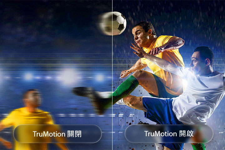 LG QNED evo AI QNED85 Mini LED 配備 TruMotion，在分屏畫面的足球場景中突出了動態平滑效果，對比 TruMotion 關閉時的模糊動作與開啟時的清晰銳利畫面，強調高速運動畫面的細節與流暢度。