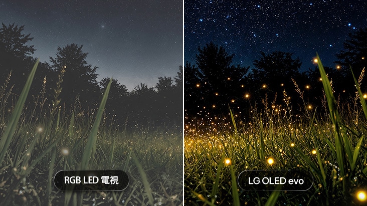 LG OLED evo 電視分屏顯示戶外場景,畫面由白天逐漸轉換至夜晚,將 RGB LED 電視與 LG OLED evo 進行比較。LG OLED evo 能維持精準亮度,即使最微小的光點亦能保留;而 RGB LED 電視在黑暗場景中則會遺失細膩的高光細節。 LG OLED evo 電視分屏顯示戶外場景,畫面由白天逐漸轉換至夜晚,將 RGB LED 電視與 LG OLED evo 進行比較。LG OLED evo 能維持精準亮度,即使最微小的光點亦能保留;而 RGB LED 電視在黑暗場景中則會遺失細膩的高光細節。