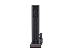 LG CordZero tower-style vacuum stand with docked cordless stick vacuum, floor nozzle, and side accessory.