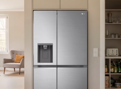 The modern kitchen wall has a built-in LG Silver side-by-side refrigerator freezer. The front of the refrigerator has an integrated water purifier and ice dispenser, which means it is large capacity.