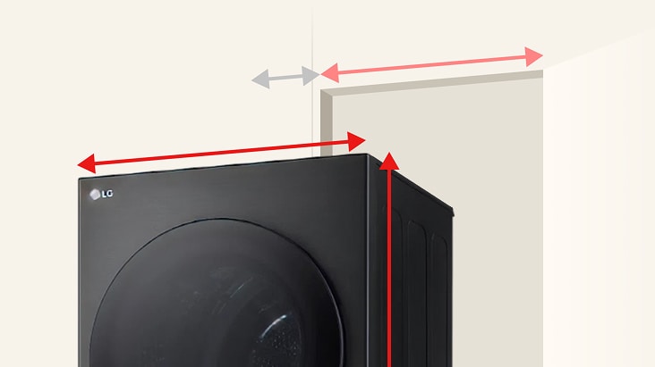 Red arrows mark the width of the LG WashTower and doorway, showing pathway clearance requirements for moving the appliance through doorways.
