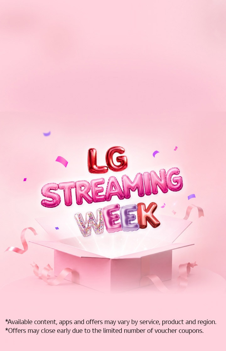 Colorful balloon-style “LG Streaming Week” lettering rises from an open pink gift box, surrounded by ribbons and confetti on a soft pink background.