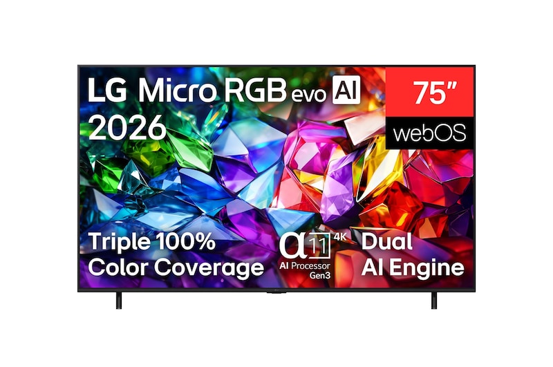 The front view of LG Micro RGB evo AI MRGB95, released in 2026, displays a vivid, crystalline image of sharply defined red, green, and blue facets, featuring 100-inch display, webOS, RGB Primary Color Ultra, and the α11 AI Processor 4K Gen3. 