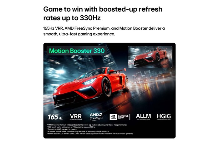 LG Micro RGB evo AI MRGB95 with Ultimate Gameplay shows a vibrant, high-speed racing scene with a blurred comparison inset highlighting Motion Booster 330, while supporting 165 Hz, VRR, AMD FreeSync, ALLM, HGiG, and GeForce NOW. 