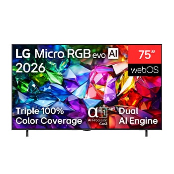 The front view of LG Micro RGB evo AI MRGB95, released in 2026, displays a vivid, crystalline image of sharply defined red, green, and blue facets, featuring 100-inch display, webOS, RGB Primary Color Ultra, and the α11 AI Processor 4K Gen3. 