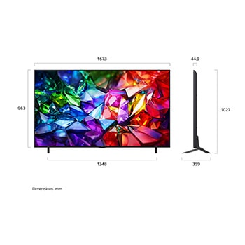 LG Micro RGB evo AI MRGB95 shown in front and side views highlights a 100-inch display with a 2230 mm-wide screen, 1277 mm screen height, 1374 mm height with stand, a 49.9 mm depth, and a stand footprint measuring 1725 by 415 mm.