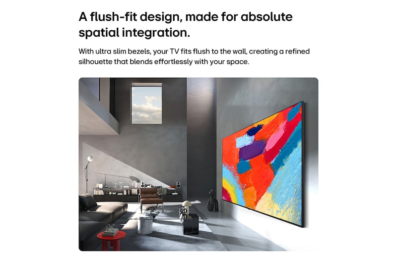 LG Micro RGB evo AI MRGB95 is seamlessly wall-mounted in a spacious black-toned room, displaying bold artwork in vivid colors that harmonize with the surrounding interior. 