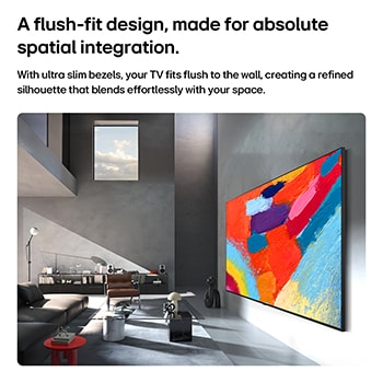 LG Micro RGB evo AI MRGB95 is seamlessly wall-mounted in a spacious black-toned room, displaying bold artwork in vivid colors that harmonize with the surrounding interior. 