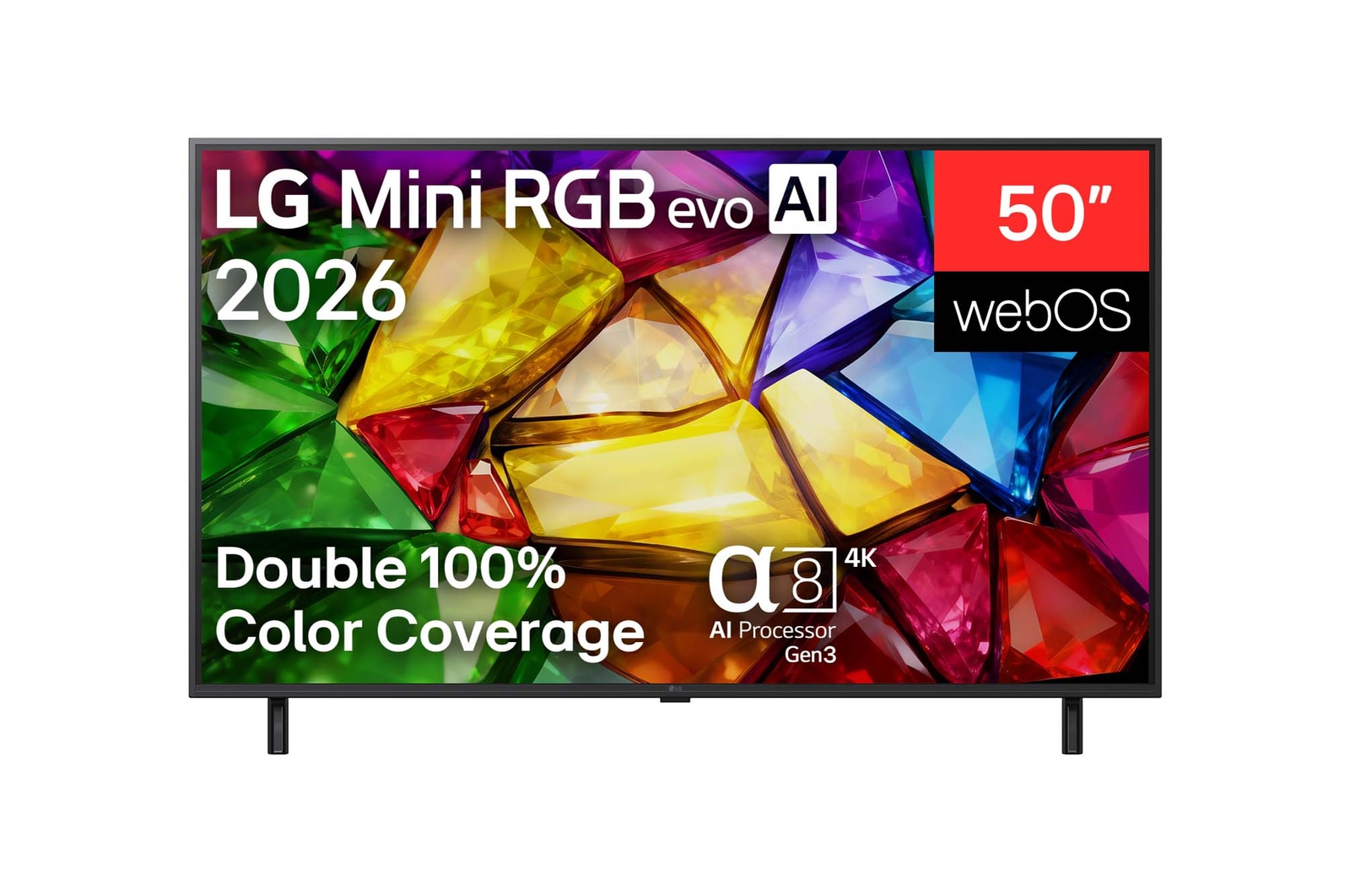 The front view of LG Mini RGB evo AI MRGB85, released in 2026, displays a crystalline image of sharply defined multicolored facets, featuring an 75-inch display, webOS, RGB Primary Color Pro, and the alpha 8 AI Processor 4K Gen3.
