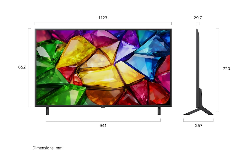 LG Mini RGB evo AI MRGB85 shown in front and side views highlights a 75-inch display with a 1677 mm-wide screen, a 966 mm screen height, a 1032 mm height with stand, a 51.6 mm depth, and a stand footprint measuring 1499 by 359 mm.