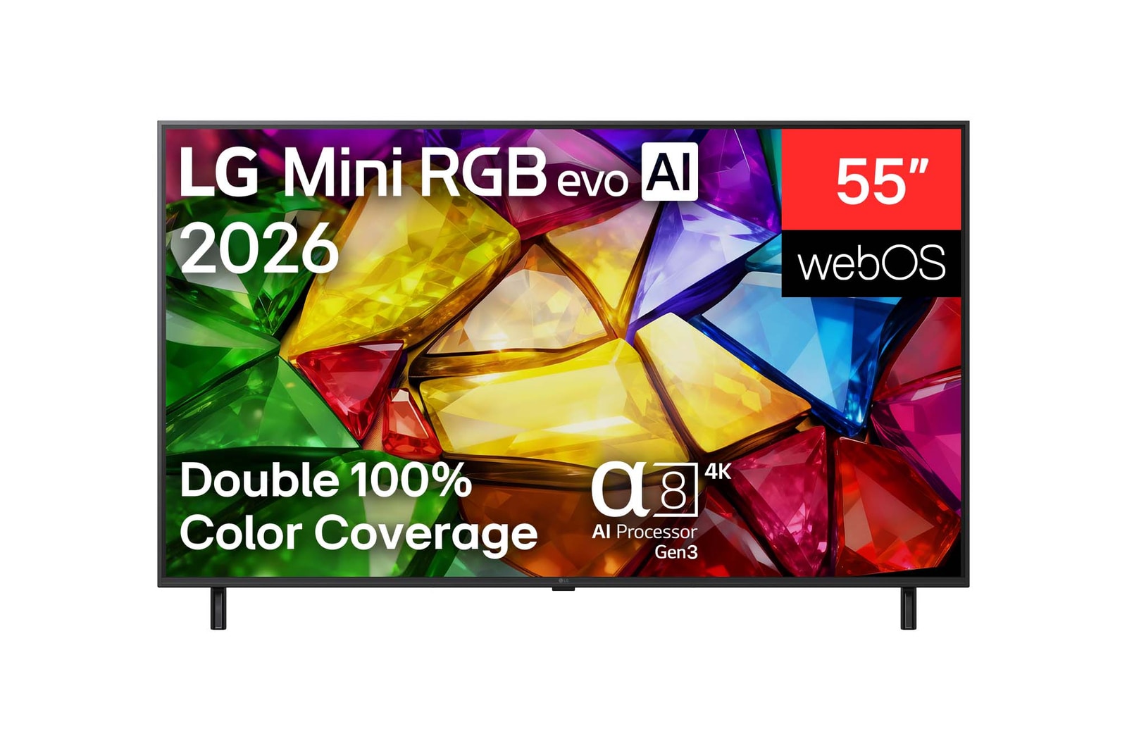 The front view of LG Mini RGB evo AI MRGB85, released in 2026, displays a crystalline image of sharply defined multicolored facets, featuring an 75-inch display, webOS, RGB Primary Color Pro, and the alpha 8 AI Processor 4K Gen3.