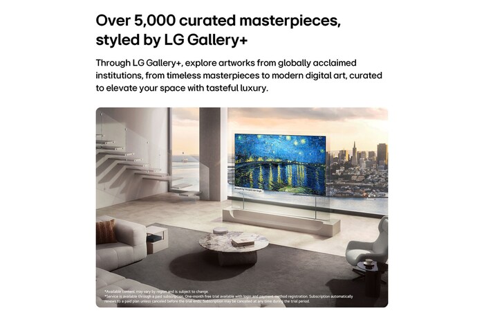 LG OLED evo AI W6 Wallpaper TV with Diverse Art Content from LG Gallery+ displays Vincent van Gogh’s The Starry Night on screen in a living room with floor-to-ceiling windows, enhancing the interior with curated gallery-style art.