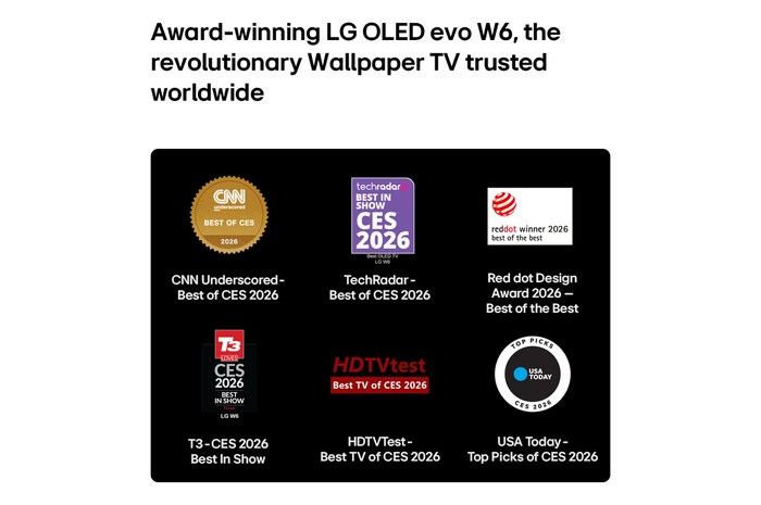 LG OLED evo AI W6 Wallpaper TV highlights its industry recognition with five on-screen award badges from CNN underscored, TechRadar, iF design award, T3, HDTVTest, and USA Today, reinforcing its global acclaim and leadership at CES 2026.