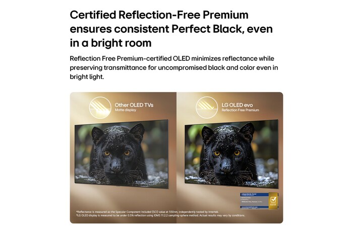LG OLED evo AI W6 Wallpaper TV with Reflection Free Premium shows a side-by-side comparison against an anti-glare matte display, keeping the black jaguar image clear with deep blacks and fine texture, especially in bright environments, with an Intertek certification mark shown.