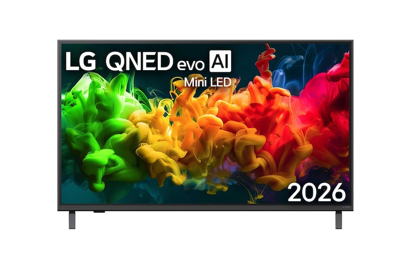 Front view of 43 inch LG QNED evo AI QNED80 Mini LED 4K Smart TV 2026 43QNED80BCA