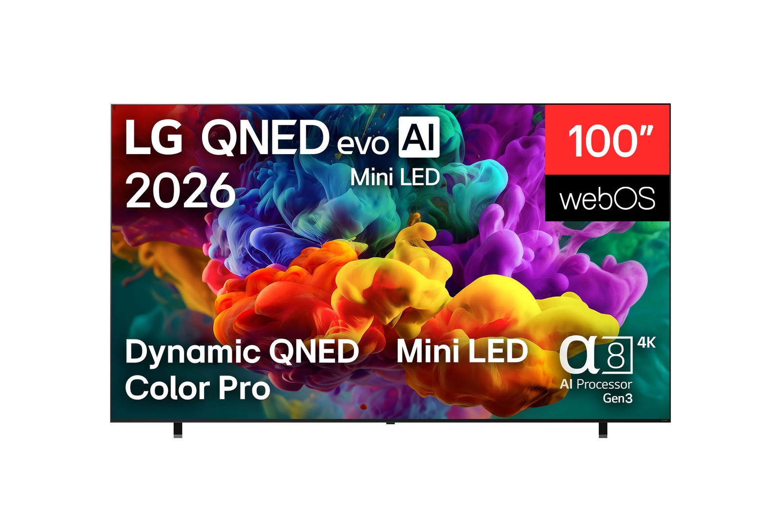 The front view of the LG QNED evo AI QNED85 Mini LED, released in 2026, displays vivid, fluid bursts of dense clouds of color on screen, featuring Dynamic QNED Color Pro, Mini LED, an α8 AI Processor 4K Gen3, webOS, and a 100-inch display.