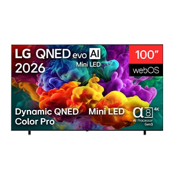 The front view of the LG QNED evo AI QNED85 Mini LED, released in 2026, displays vivid, fluid bursts of dense clouds of color on screen, featuring Dynamic QNED Color Pro, Mini LED, an α8 AI Processor 4K Gen3, webOS, and a 100-inch display.