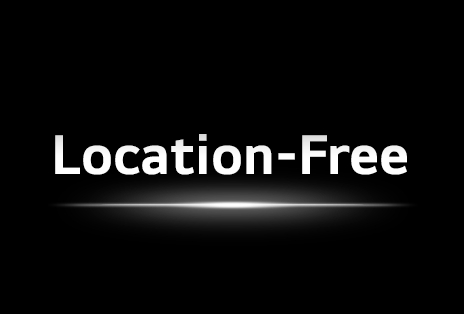 LG True Wireless TV highlights Location-Free flexibility with a centered headline on a dark background.