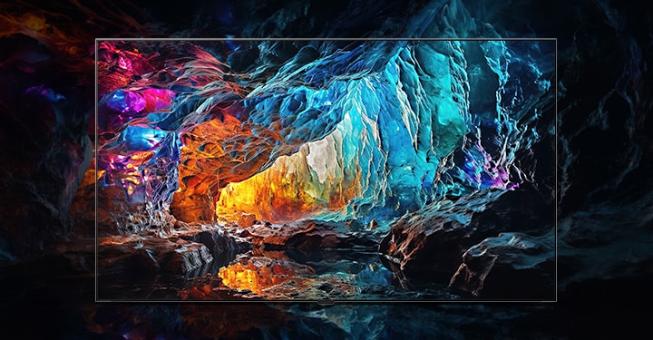 LG True Wireless TV with visually lossless 4K 165Hz performance displays a majestic cave scene illuminated by rich, colorful light, where wired-level picture quality is delivered seamlessly in a wireless environment.