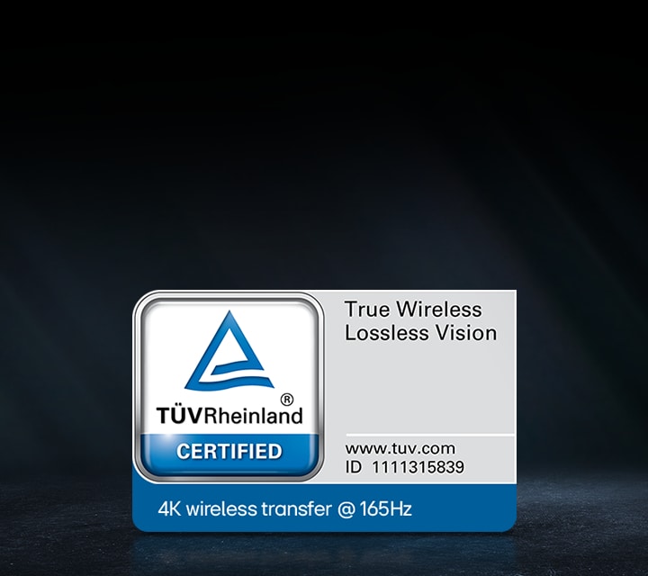 LG True Wireless TV’s wireless transmission performance is indicated by a TÜV Rheinland certification badge with “True Wireless Lossless Vision” text on a black background.