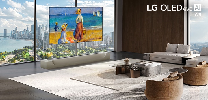 LG OLED evo AI W6 Wallpaper TV is displayed in a living room, showing a vibrant seaside painting while its refined ultra-slim form aligns seamlessly with the open, modern surroundings.