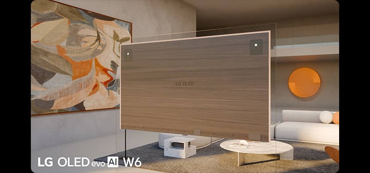 LG OLED evo AI W6 Wallpaper TV with beautiful back design enabled by True Wireless Technology and Zero Connect Box presents a slim rear panel, creating a clean, cable-free installation that enhances refined minimalist interiors.